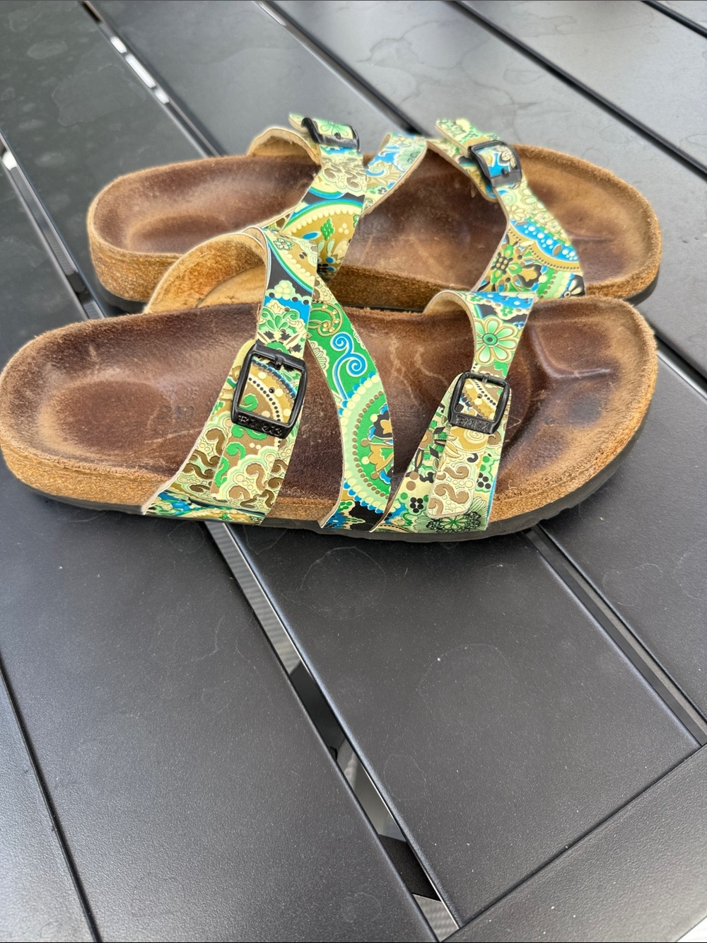 Patterned Green Blue Double-Buckle Women's Sandals